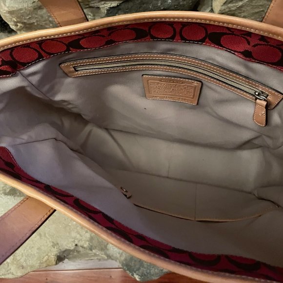 Coach Signature Zip Top Tote Red Canvas Tan Leather Trim Handbag - Picture 4 of 9